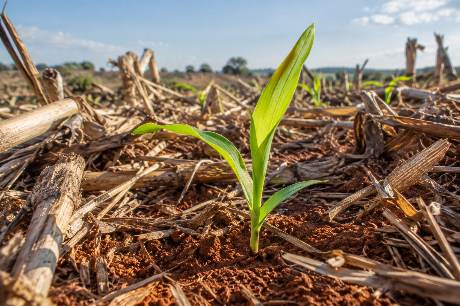 Planta jovem de milho entre palha e fragmentos de colmos sobre o solo.