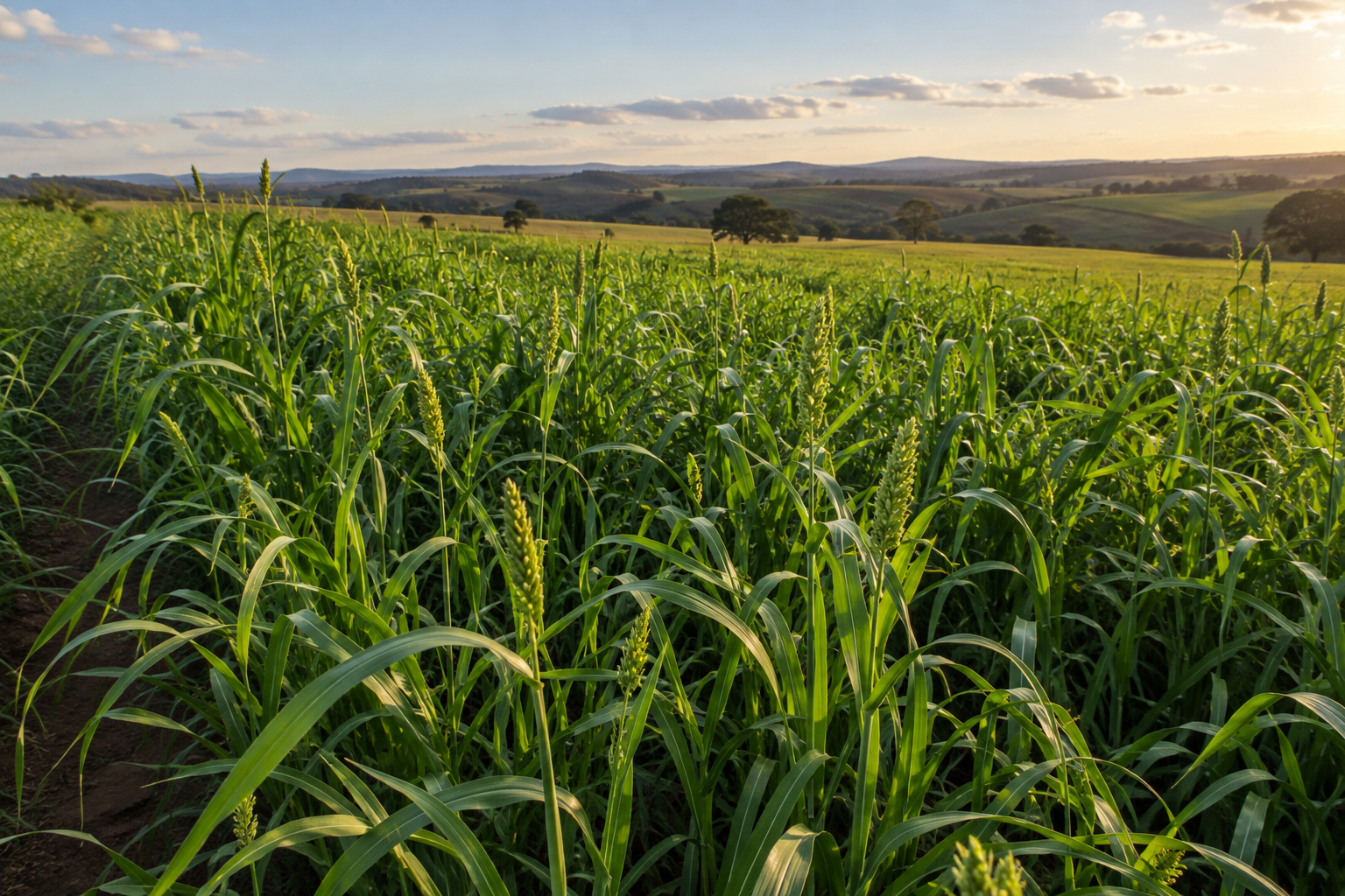 A grass cover crop growing in a rural landscape.